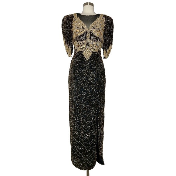 Vintage Cache' Dress Women Small 100% SILK Black Gold Hand Beaded Mesh Sheer Top - Picture 1 of 12